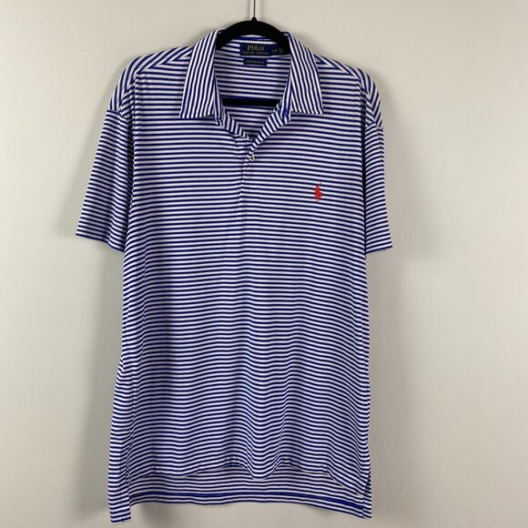 Polo Ralph Lauren Performance Polo Shirt Mens Large Blue White Stripe Golf - Picture 1 of 9